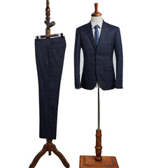 Contemporary Navy Blue Plaid Notched Lapel Two Button Slim Fit Business Suit