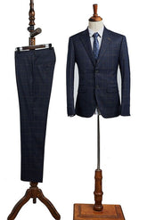Contemporary Navy Blue Plaid Notched Lapel Two Button Slim Fit Business Suit