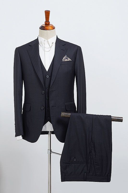 Contemporary Navy Blue Striped Three Pieces Slim Fit Custom Business Suit