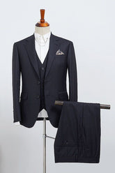 Contemporary Navy Blue Striped Three Pieces Slim Fit Custom Business Suit