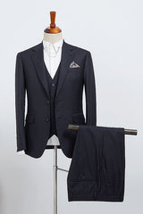 Contemporary Navy Blue Striped Three Pieces Slim Fit Custom Business Suit