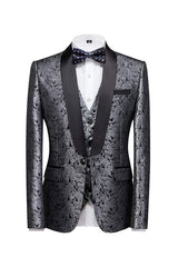 Contemporary Silver Jacquard Three-Piece Groom's Wedding Suit
