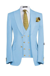 Contemporary Sky Blue Three-Piece Peaked Lapel Prom Suit For Men