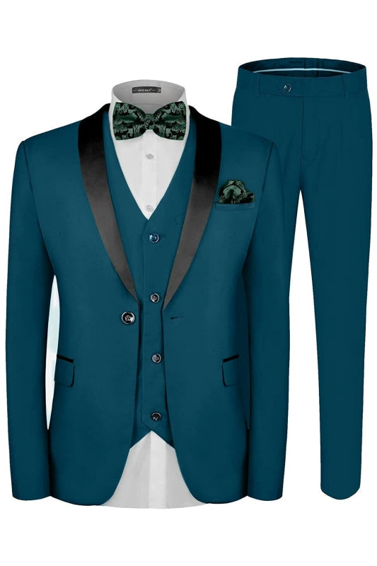 Contemporary Teal Three-Piece Shawl Collar Wedding Ensemble for Men