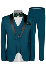 Contemporary Teal Three-Piece Shawl Collar Wedding Ensemble for Men