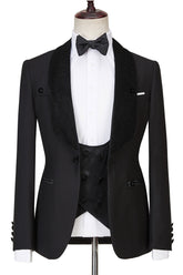 Contemporary Three-Piece Black Shawl Lapel Sparkling Men’s Wedding Suits