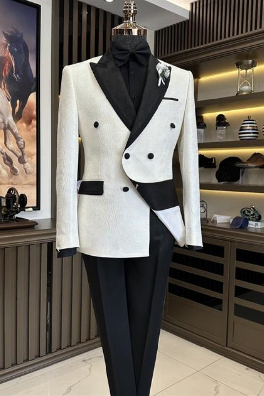 Contemporary White Peaked Lapel Double-Breasted Jacquard Wedding Ensemble