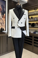 Contemporary White Peaked Lapel Double-Breasted Jacquard Wedding Ensemble