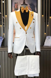 Contemporary White Three-Piece Jacquard Groom's Suit With Yellow Peak Lapel