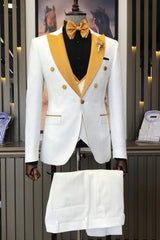 Contemporary White Three-Piece Jacquard Groom's Suit With Yellow Peak Lapel