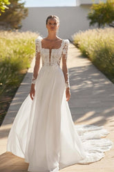 Convertible Long Sleeve Square Neck Floral Lace Sheer Corset Chiffon A-Line Wedding Dress Cathedral Train 3D Floral