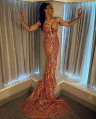 Copper Gold Mermaid Evening Dress Strapless Deep V Sweetheart Gold Crystal Radial Swirl Beaded Sequin 3D Floral Applique Cathedral Train Gown