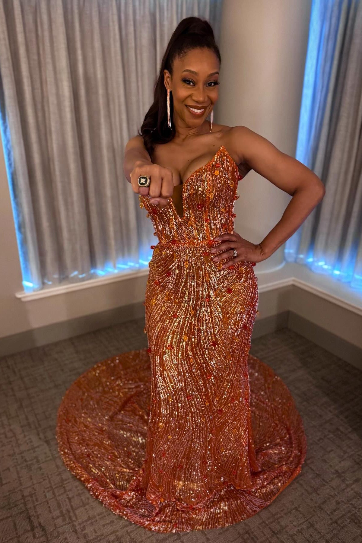 Copper Gold Mermaid Evening Dress Strapless Deep V Sweetheart Gold Crystal Radial Swirl Beaded Sequin 3D Floral Applique Cathedral Train Gown