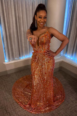 Copper Gold Mermaid Evening Dress Strapless Deep V Sweetheart Gold Crystal Radial Swirl Beaded Sequin 3D Floral Applique Cathedral Train Gown