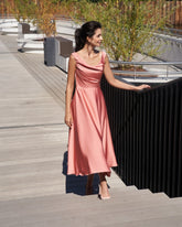 Coral Cowl Neck Sleeveless A-Line Satin Midi Formal Dress