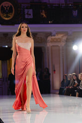 Coral Strapless Beaded Sleeveless Column Satin High Slit Floor Length Formal Evening Gown