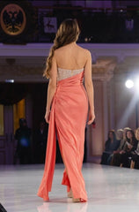 Coral Strapless Sleeveless Long Column Satin Formal Dress Sequin Ruched Open Back High Slit Evening Gown