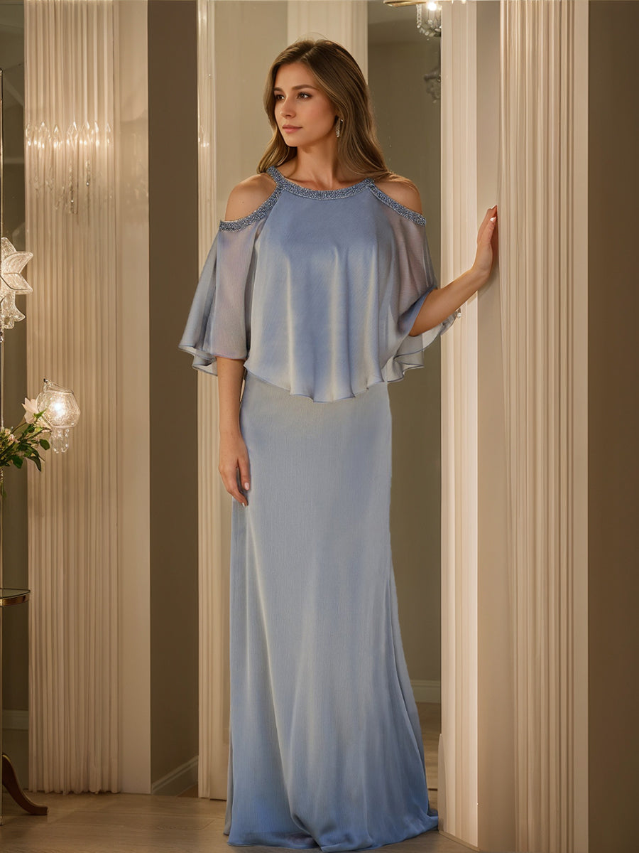 Cowl Neck Half-Sleeve Sheath/Column Mother of the Bride Dress with Ruffles and Beadings