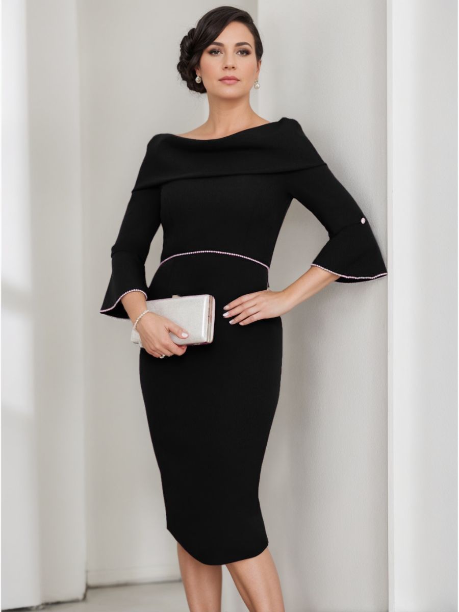 Cowl Neck Sheath/Column Dress with 3/4 Sleeves and Pearl Details for Mothers of the Bride & Groom