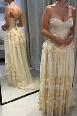 Cream Sweetheart Sleeveless A-Line Lace Floral Appliques Floor Length Formal Evening Gown