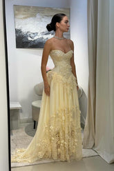 Cream Sweetheart Sleeveless A-Line Lace Floral Appliques Floor Length Formal Evening Gown