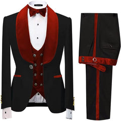 Crimson Shawl Collar Three-Piece Slim Fit Velvet Groom's Suit