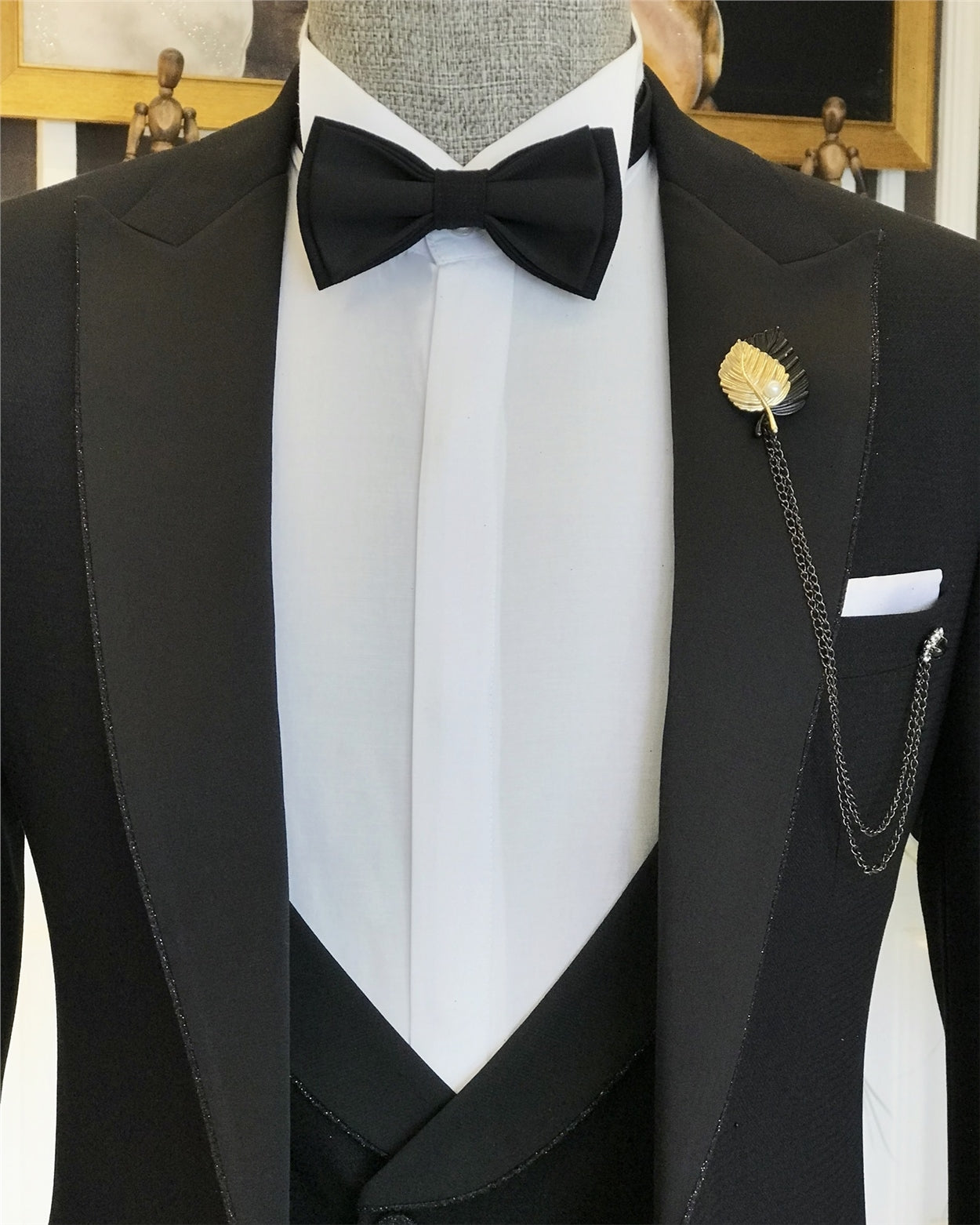 Custom Black Peak Lapel Three-Piece Business Suit Ensemble