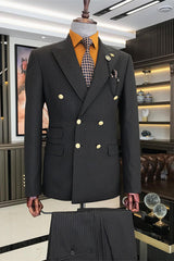 Custom Black Striped Double-Breasted Men's Business Suit