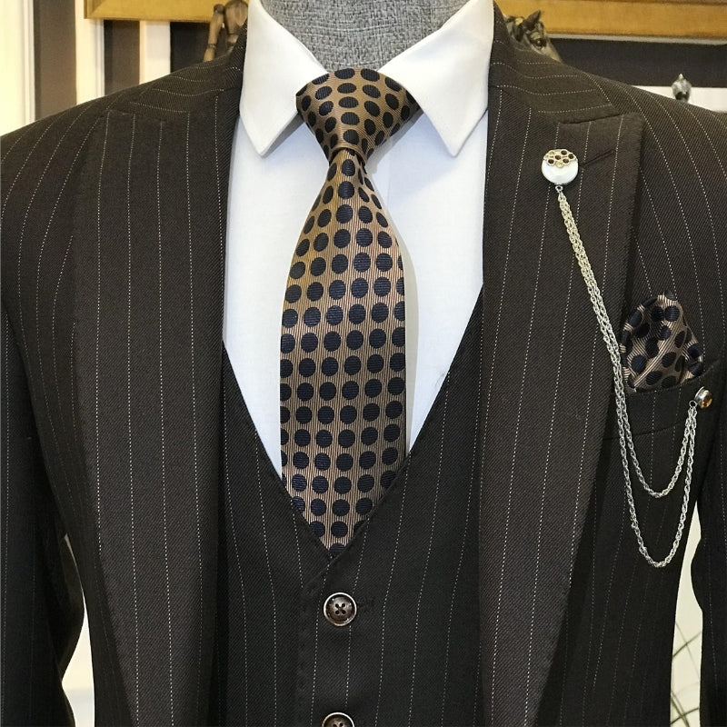 Custom Black Striped Three-Piece Peaked Lapel Men's Business Suit