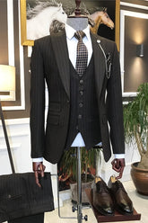 Custom Black Striped Three-Piece Peaked Lapel Men's Business Suit