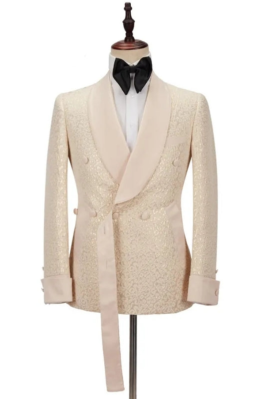 Custom Champagne Shawl Collar Double Breasted Groom's Wedding Suit