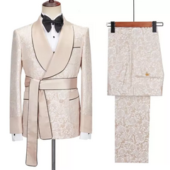 Custom Champagne Shawl Lapel Jacquard Wedding Suit