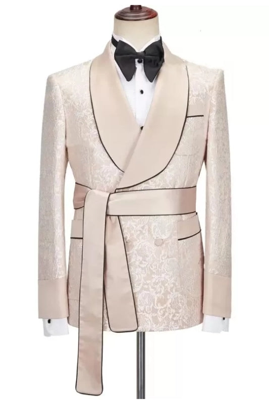 Custom Champagne Shawl Lapel Jacquard Wedding Suit