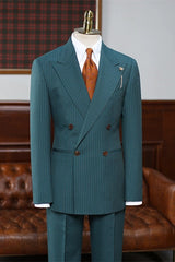 Custom Green Double-Breasted Striped Men's Business Suit