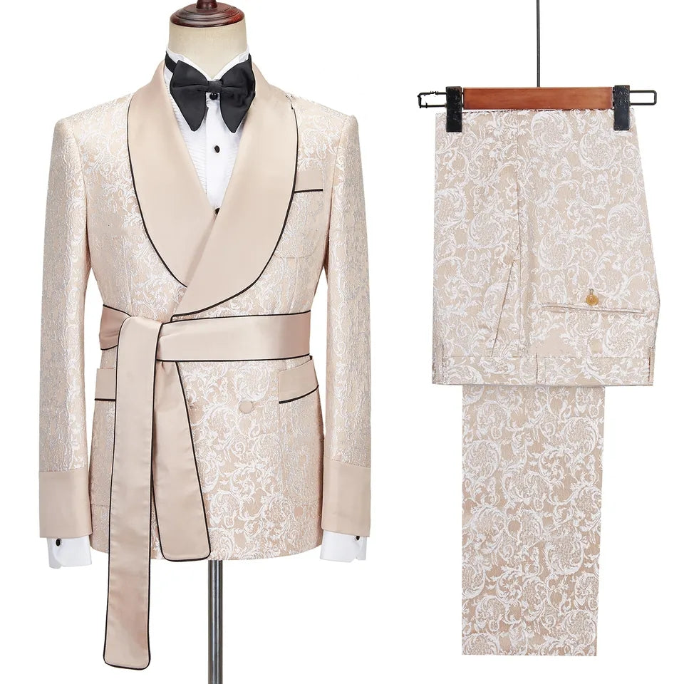 Custom-Made Champagne Shawl Collar Double-Breasted Jacquard Wedding Suit
