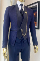 Custom-Made Navy Blue Shawl Collar Three-Piece Jacquard Wedding Suit