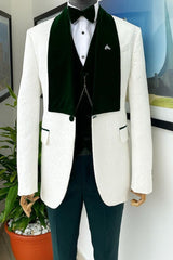 Custom-Made White Jacquard Three-Piece Wedding Suit With Dark Green Shawl Collar
