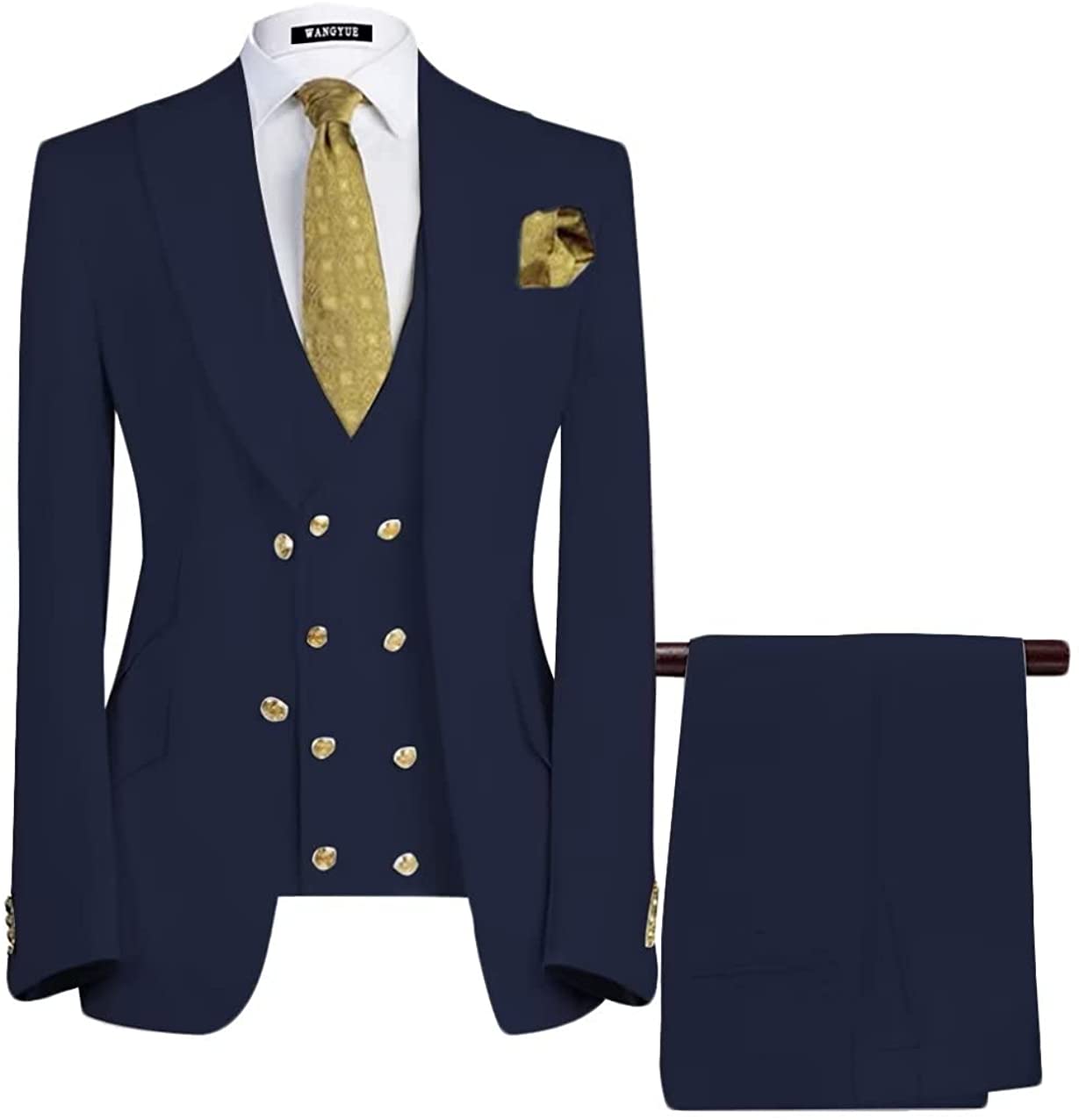 Custom Navy Blue Three-Piece Peak Lapel Business Suit for Men