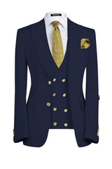 Custom Navy Blue Three-Piece Peak Lapel Business Suit for Men