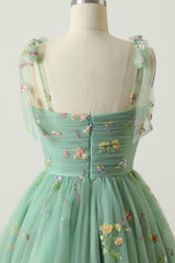 Cute A Line Green Spaghetti Straps Short Homecoming Dress with Embroidery