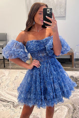 Cute A Line Off the Shoulder Blue Printed Detachable Sleeves Ruffled Short Homecoming Dress