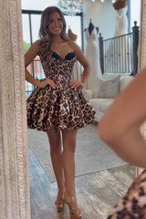Cute Black Leopard Sweetheart A Line Short Corset Homecoming Dress