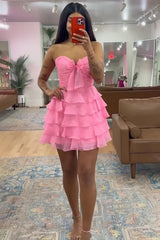 Cute Blue Chiffon A Line Tiered Short Homecoming Dress with Ruffles