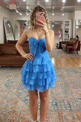 Cute Blue Chiffon A Line Tiered Short Homecoming Dress with Ruffles