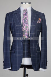 Cuthbert Fashionable Navy Plaid Slim Fit Tailored Business Men’s Suit