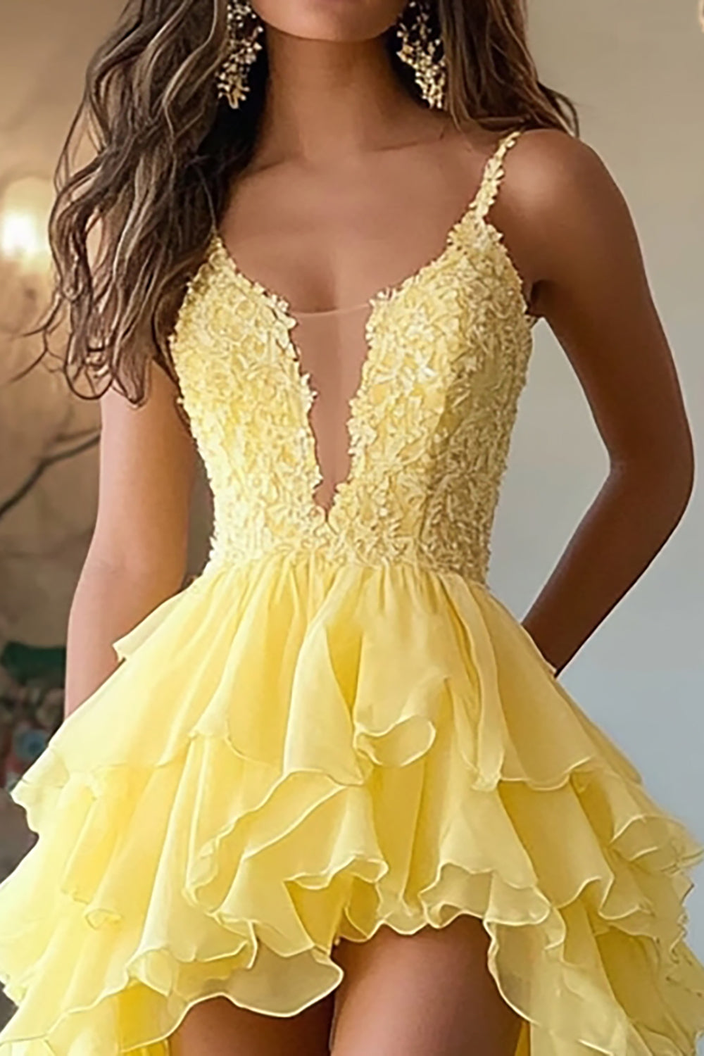 Daffodil A Line Tiered Chiffon High Low Prom Dress with Appliques