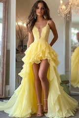 Daffodil A Line Tiered Chiffon High Low Prom Dress with Appliques