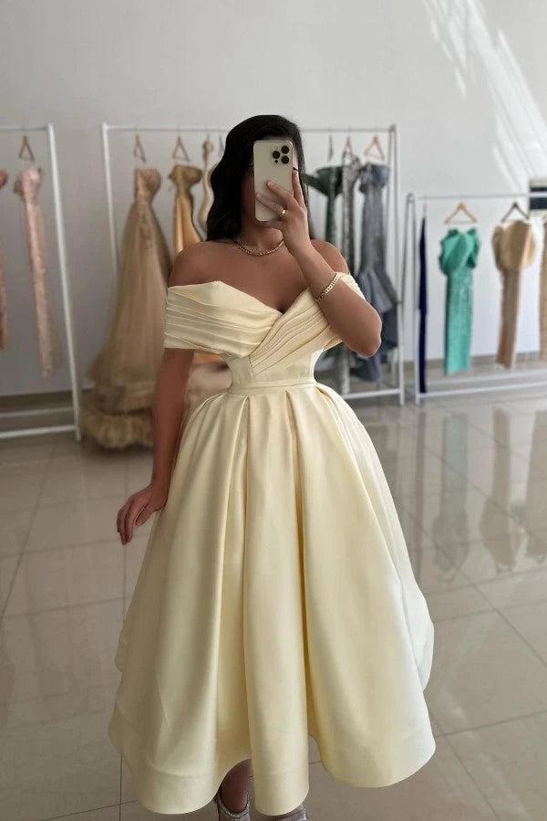 Daffodil Off-Shoulder Ruched Satin Cocktail Dress V-Neck A-Line Tea Length Party Gown