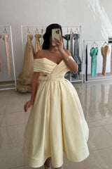 Daffodil Off-Shoulder Ruched Satin Cocktail Dress V-Neck A-Line Tea Length Party Gown