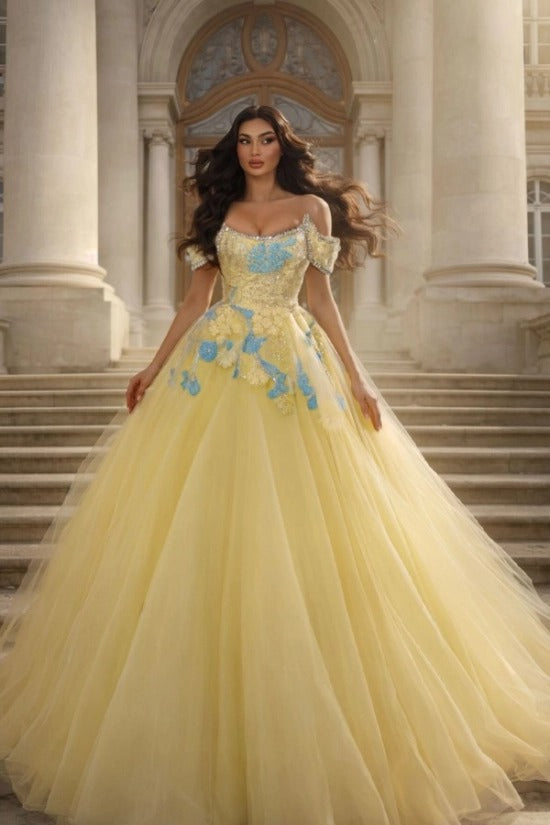 Yellow Off-the-Shoulder Short Sleeve Ball Gown Tulle Floral Applique Formal Evening Dress